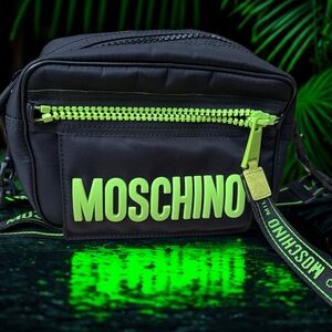 Moschino Black Belt Bag with Vibrant Green Highlights